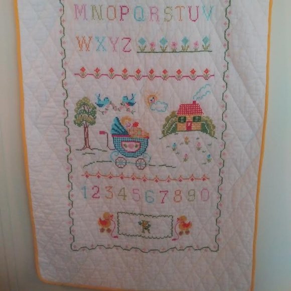 Cross Stitch Embroidered Baby Blanket, Criblet, Wall Hanging, Hand Made, 54 X 32 - Picture 2 of 10